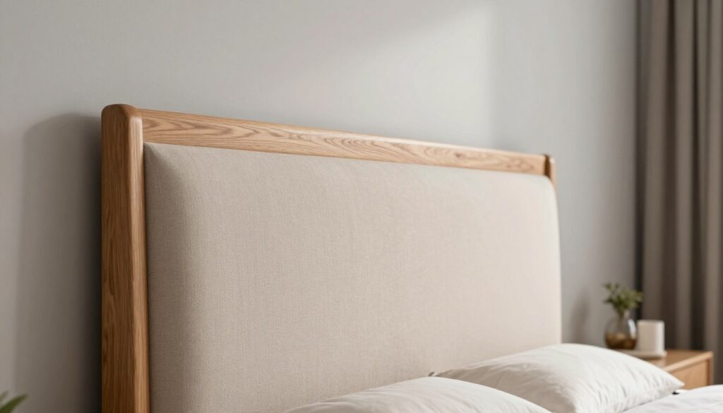 A beautifully crafted headboard design, showcasing a stable wooden frame and elegant construction elements. In the foreground, focus on the intricately detailed wooden texture of the headboard, featuring soft, neutral upholstery that enhances comfort. In the middle ground, display the headboard mounted against a stylish bedroom wall, accented with calm, complementary colors. The background reveals a cozy, well-decorated bedroom atmosphere with soft lighting casting gentle shadows, providing a warm and inviting mood. Use a shallow depth of field to emphasize the headboard while softly blurring the background elements. The image should convey a sense of stylish comfort, ideal for enhancing both the functionality and aesthetic of a bedroom. A beautifully crafted headboard design, showcasing a stable wooden frame and elegant construction elements. In the foreground, focus on the intricately detailed wooden texture of the headboard, featuring soft, neutral upholstery that enhances comfort. In the middle ground, display the headboard mounted against a stylish bedroom wall, accented with calm, complementary colors. The background reveals a cozy, well-decorated bedroom atmosphere with soft lighting casting gentle shadows, providing a warm and inviting mood. Use a shallow depth of field to emphasize the headboard while softly blurring the background elements. The image should convey a sense of stylish comfort, ideal for enhancing both the functionality and aesthetic of a bedroom.