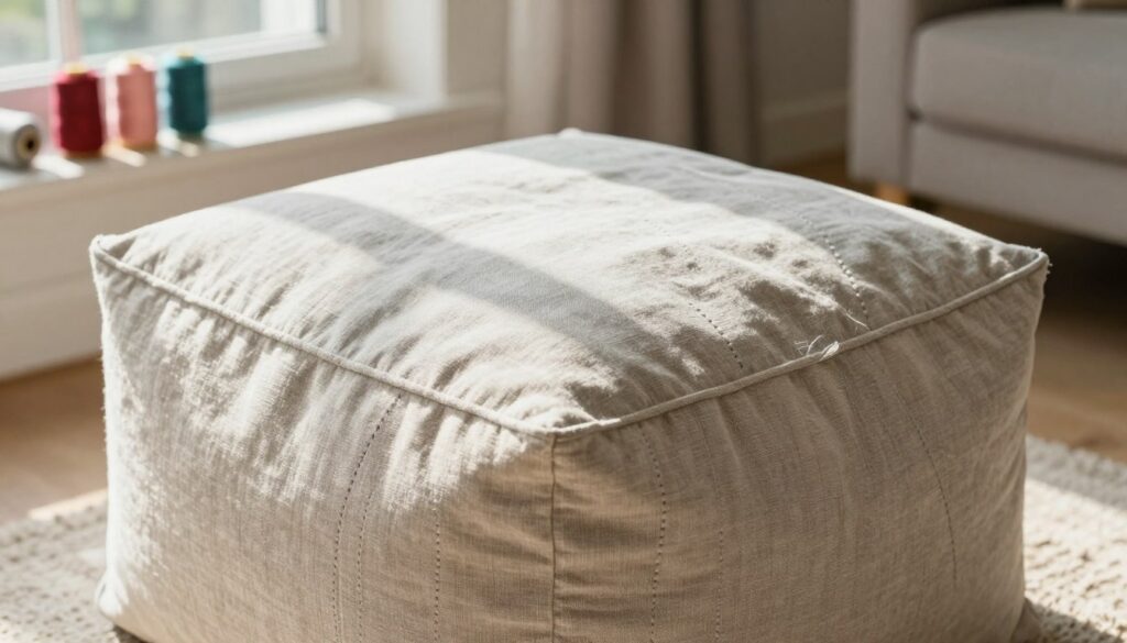 A beautifully crafted square pouf covered in a custom-fit fabric cover, showcasing intricate stitching details. The foreground focuses on the pouf, highlighting the texture of the fabric, which could be a soft cotton or a textured linen in a neutral palette of beige or light gray. The middle ground features sewing materials like vibrant threads and sewing tools, creating a handmade atmosphere. The background includes a cozy living room setting with natural light streaming through a window, casting soft shadows that enhance the ambiance. The overall mood is warm and inviting, perfect for a DIY project, emphasizing creativity and craftsmanship without any distractions or text. A beautifully crafted square pouf covered in a custom-fit fabric cover, showcasing intricate stitching details. The foreground focuses on the pouf, highlighting the texture of the fabric, which could be a soft cotton or a textured linen in a neutral palette of beige or light gray. The middle ground features sewing materials like vibrant threads and sewing tools, creating a handmade atmosphere. The background includes a cozy living room setting with natural light streaming through a window, casting soft shadows that enhance the ambiance. The overall mood is warm and inviting, perfect for a DIY project, emphasizing creativity and craftsmanship without any distractions or text.