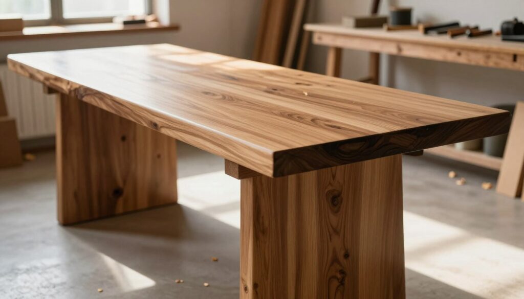 A beautifully crafted wooden table made from a thick tree trunk, showcasing a smooth, glossy finish that highlights the natural wood grain. The foreground features the table, set on a clean, polished floor. In the middle ground, a subtle reflection of the table is visible on the floor, emphasizing its stability and lack of dust. In the background, there are hints of a well-lit, cozy workshop, filled with tools and wood shavings, radiating an atmosphere of craftsmanship. Natural light streams through a window, casting warm and inviting tones across the scene. The lens captures the table from a slight angle to accentuate its depth and texture, creating a serene and professional ambiance. A beautifully crafted wooden table made from a thick tree trunk, showcasing a smooth, glossy finish that highlights the natural wood grain. The foreground features the table, set on a clean, polished floor. In the middle ground, a subtle reflection of the table is visible on the floor, emphasizing its stability and lack of dust. In the background, there are hints of a well-lit, cozy workshop, filled with tools and wood shavings, radiating an atmosphere of craftsmanship. Natural light streams through a window, casting warm and inviting tones across the scene. The lens captures the table from a slight angle to accentuate its depth and texture, creating a serene and professional ambiance.