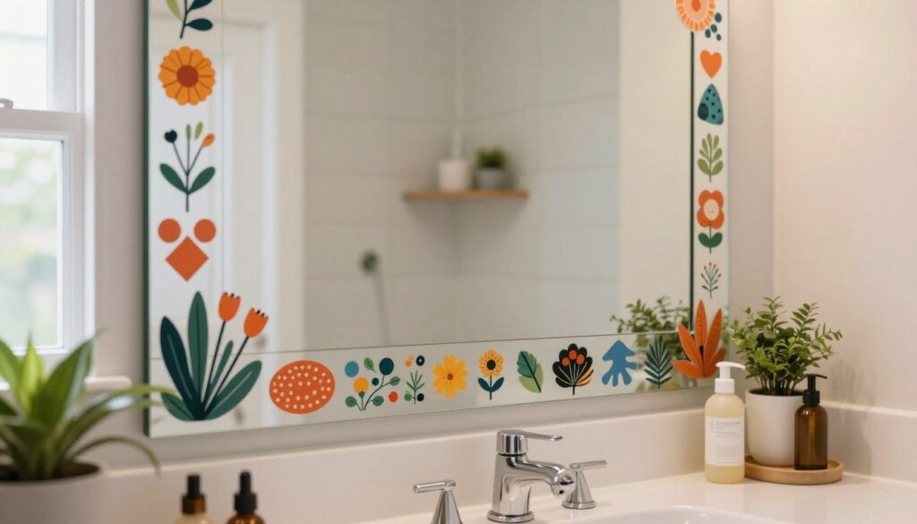 A beautifully decorated bathroom mirror adorned with colorful, artistic stickers and vinyl wraps, showcasing various geometric shapes and floral patterns. In the foreground, focus on the mirror reflecting soft, natural light from a nearby window, creating a warm and inviting atmosphere. The middle ground should feature a stylish countertop with minimalistic decor, showcasing small plants and elegant toiletries, complementing the mirror's vibrant enhancements. The background should include subtle hints of a neatly organized bathroom, enhancing the feeling of cleanliness and modernization. The overall mood is cheerful and creative, illustrating a quick transformation that adds a touch of personality without the need for drilling or permanent fixtures.