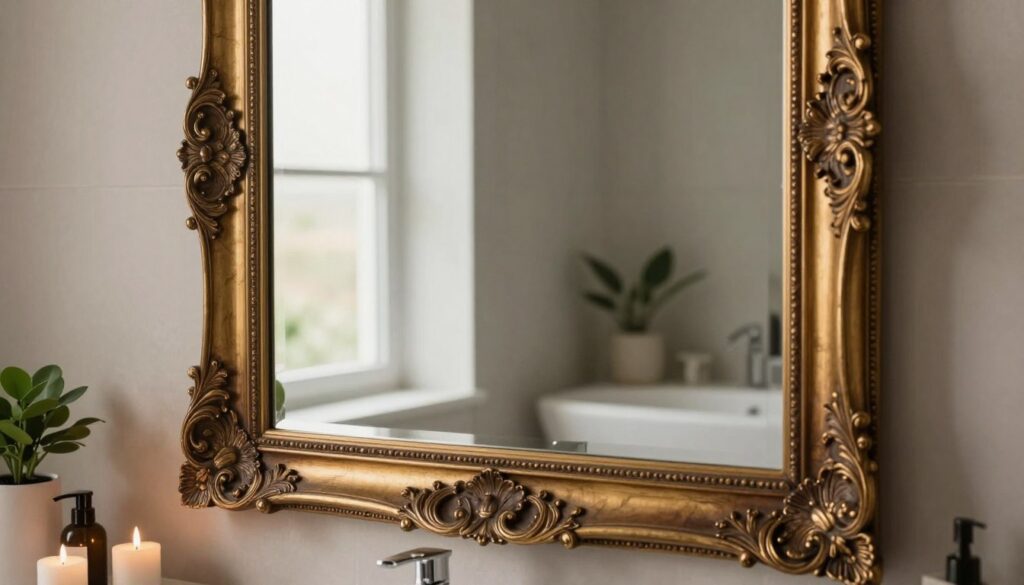 A beautifully decorated bathroom mirror framed with an elegant, ornate frame that enhances its beauty, showcasing intricate carvings and a refined finish. In the foreground, the frame is richly detailed, perhaps in gold or dark wood, reflecting a touch of sophistication. The mirror itself glistens, capturing soft, warm light that illuminates the space. In the middle ground, a stylish and modern bathroom setting is visible, featuring subtle décor like plants, candles, and sleek accessories that complement the mirror's design. The background hints at a serene ambiance with muted colors and gentle textures, conveying a luxurious atmosphere. Soft natural lighting from a nearby window creates a tranquil mood, enhancing the mirror's prominent role in the overall aesthetic.