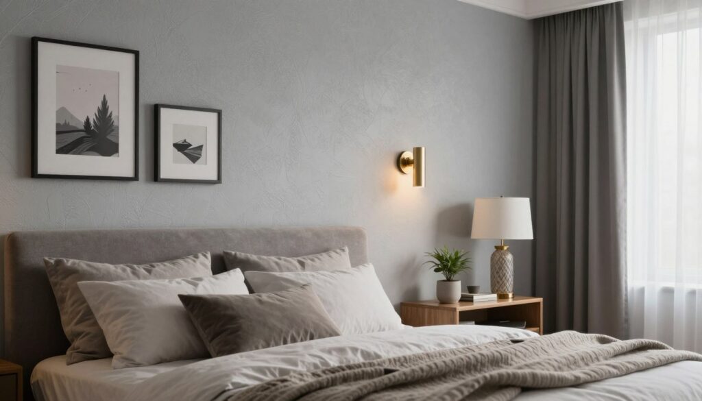 A beautifully decorated bedroom featuring a stylish wall behind a bed, showcasing a modern design. The focus is on the textured wall finish, which is a calming light gray color, enhanced with subtle patterns. In the foreground, a neatly made bed with plush pillows and a cozy blanket adds warmth. On the wall, elegant decorative elements such as framed artwork and stylish sconces illuminate the space with soft, ambient light. The middle ground includes a wooden nightstand with a decorative lamp, and a small potted plant for a touch of greenery. In the background, soft natural light filters through sheer curtains, creating a serene atmosphere. The angle is slightly elevated, capturing the entire scene in a harmonious, inviting mood. A beautifully decorated bedroom featuring a stylish wall behind a bed, showcasing a modern design. The focus is on the textured wall finish, which is a calming light gray color, enhanced with subtle patterns. In the foreground, a neatly made bed with plush pillows and a cozy blanket adds warmth. On the wall, elegant decorative elements such as framed artwork and stylish sconces illuminate the space with soft, ambient light. The middle ground includes a wooden nightstand with a decorative lamp, and a small potted plant for a touch of greenery. In the background, soft natural light filters through sheer curtains, creating a serene atmosphere. The angle is slightly elevated, capturing the entire scene in a harmonious, inviting mood.
