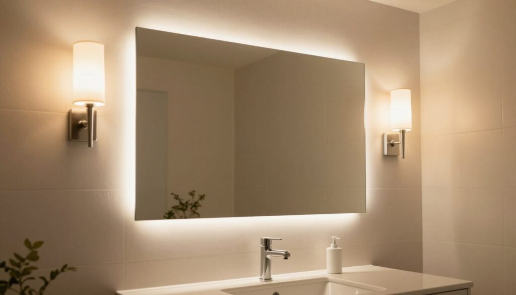 A beautifully designed bathroom featuring a large mirror with elegant LED lighting and stylish sconces on either side. In the foreground, the mirror reflects a soft, warm light creating a cozy atmosphere. The sconces are positioned at eye level on the walls, illuminating the space without harsh shadows. In the middle, a modern sink with a sleek faucet sits atop a minimalist vanity, complementing the mirror's aesthetic. The background reveals light-colored tiles and a subtle decorative plant, enhancing the serene ambiance. The overall mood is tranquil and inviting, showcasing the perfect balance of functionality and style in bathroom lighting. Capture this scene with a slight angle to highlight the mirror and lighting features effectively, using warm tones to evoke comfort and sophistication. A beautifully designed bathroom featuring a large mirror with elegant LED lighting and stylish sconces on either side. In the foreground, the mirror reflects a soft, warm light creating a cozy atmosphere. The sconces are positioned at eye level on the walls, illuminating the space without harsh shadows. In the middle, a modern sink with a sleek faucet sits atop a minimalist vanity, complementing the mirror's aesthetic. The background reveals light-colored tiles and a subtle decorative plant, enhancing the serene ambiance. The overall mood is tranquil and inviting, showcasing the perfect balance of functionality and style in bathroom lighting. Capture this scene with a slight angle to highlight the mirror and lighting features effectively, using warm tones to evoke comfort and sophistication.