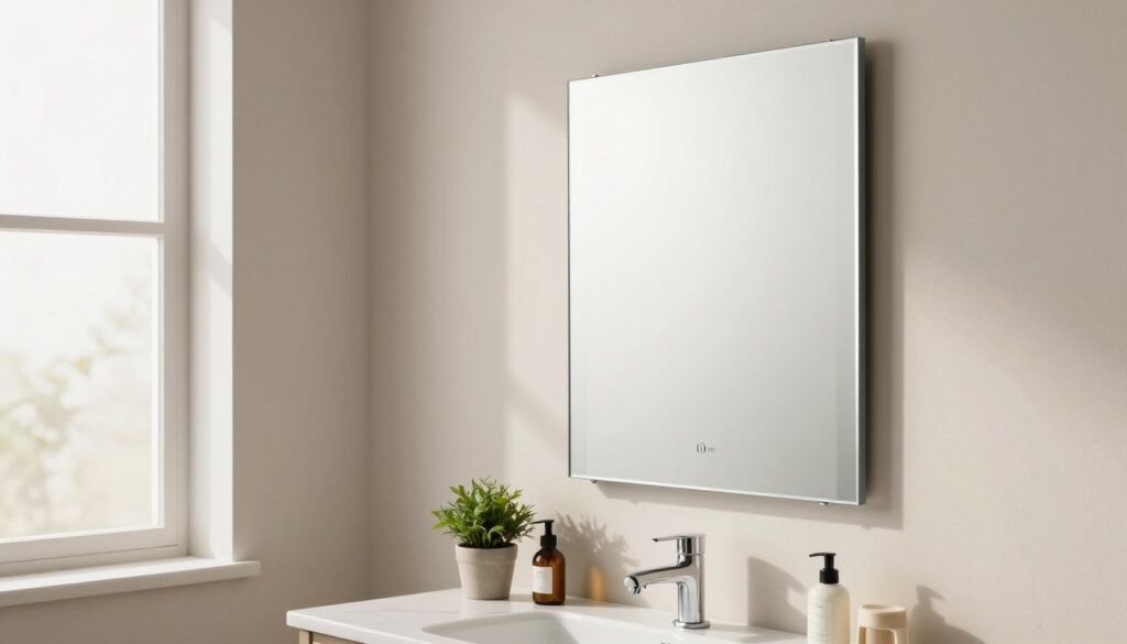 A beautifully designed bathroom featuring a modern mirror positioned at an ideal height for practical use. In the foreground, a sleek, contemporary mirror with a decorative frame is mounted on a light-colored wall. The midground reveals a stylish vanity with decorative elements such as a small potted plant and neatly arranged toiletries. In the background, soft, natural light streams through a frosted window, creating a warm and inviting atmosphere. The overall mood is serene and functional, emphasizing comfort and usability for various heights. Capture this scene from a slightly angled perspective to highlight the mirror's positioning in relation to the vanity, ensuring it serves as the focal point of the image, without any text or distractions. A beautifully designed bathroom featuring a modern mirror positioned at an ideal height for practical use. In the foreground, a sleek, contemporary mirror with a decorative frame is mounted on a light-colored wall. The midground reveals a stylish vanity with decorative elements such as a small potted plant and neatly arranged toiletries. In the background, soft, natural light streams through a frosted window, creating a warm and inviting atmosphere. The overall mood is serene and functional, emphasizing comfort and usability for various heights. Capture this scene from a slightly angled perspective to highlight the mirror's positioning in relation to the vanity, ensuring it serves as the focal point of the image, without any text or distractions.