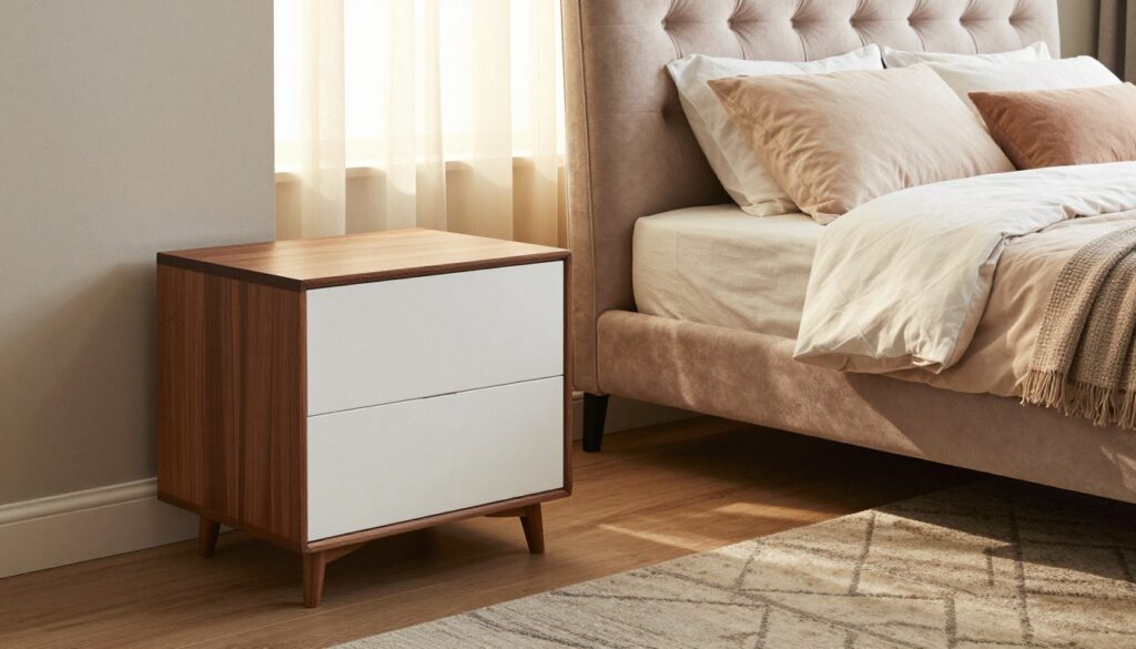 A beautifully designed bedroom showcasing a harmonious color palette that complements upholstered furniture. In the foreground, elegant nightstands with sleek finishes, such as matte white and deep walnut, are placed beside a plush, tufted bed, adorned with soft pillows in pastel hues. In the middle, a stylish area rug anchors the space, enhancing the cozy atmosphere of the room. The background features a soft-lit window with sheer curtains, allowing warm, natural light to spill in, illuminating the room with a serene glow. The overall mood is tranquil and inviting, perfect for relaxation, emphasizing a balance between functionality and aesthetics in interior design. The composition is captured from a slightly elevated angle, giving a clear view of the layout and color coordination, while maintaining a focus on the nightstands.