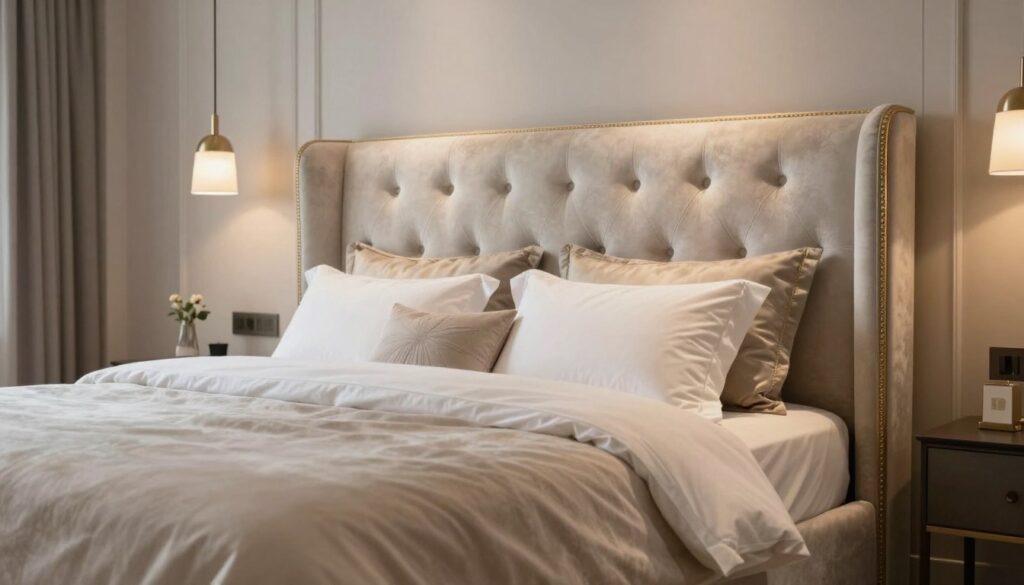 A beautifully designed glamour upholstered bed positioned in a chic, modern bedroom, emphasizing the concept of height and dimensions. In the foreground, luxurious bedding with soft textures and elegant pillows are meticulously arranged. In the middle, the bed stands tall with an ornate headboard, showcasing plush fabrics and refined craftsmanship. The background features subtle decorative elements that enhance the ambiance without overwhelming it, such as soft pendant lighting and minimalistic art on the walls. The scene is softly illuminated by warm, diffused light, creating an inviting atmosphere. The angle captures both the bed's height and the overall spaciousness of the room, evoking a sense of refined elegance suitable for a hotel-like experience in a personal space. A beautifully designed glamour upholstered bed positioned in a chic, modern bedroom, emphasizing the concept of height and dimensions. In the foreground, luxurious bedding with soft textures and elegant pillows are meticulously arranged. In the middle, the bed stands tall with an ornate headboard, showcasing plush fabrics and refined craftsmanship. The background features subtle decorative elements that enhance the ambiance without overwhelming it, such as soft pendant lighting and minimalistic art on the walls. The scene is softly illuminated by warm, diffused light, creating an inviting atmosphere. The angle captures both the bed's height and the overall spaciousness of the room, evoking a sense of refined elegance suitable for a hotel-like experience in a personal space.