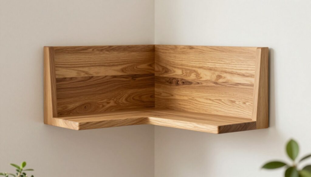 A beautifully designed hanging corner shelf made of Sonoma oak, showcasing its distinct light brown color with warm golden undertones. The shelf is elegantly mounted in a modern living space, surrounded by minimalistic décor elements. In the foreground, the focus features the textured wood grain of the shelf, highlighting its natural beauty. In the middle ground, soft, diffused lighting illuminates the shelf, creating gentle shadows and enhancing its contours. In the background, a bright, neutral-toned wall complements the shelf's design, while subtle touches of greenery add a refreshing vibe. The mood is warm and inviting, evoking a cozy, contemporary atmosphere perfect for showcasing such an aesthetic piece of furniture.