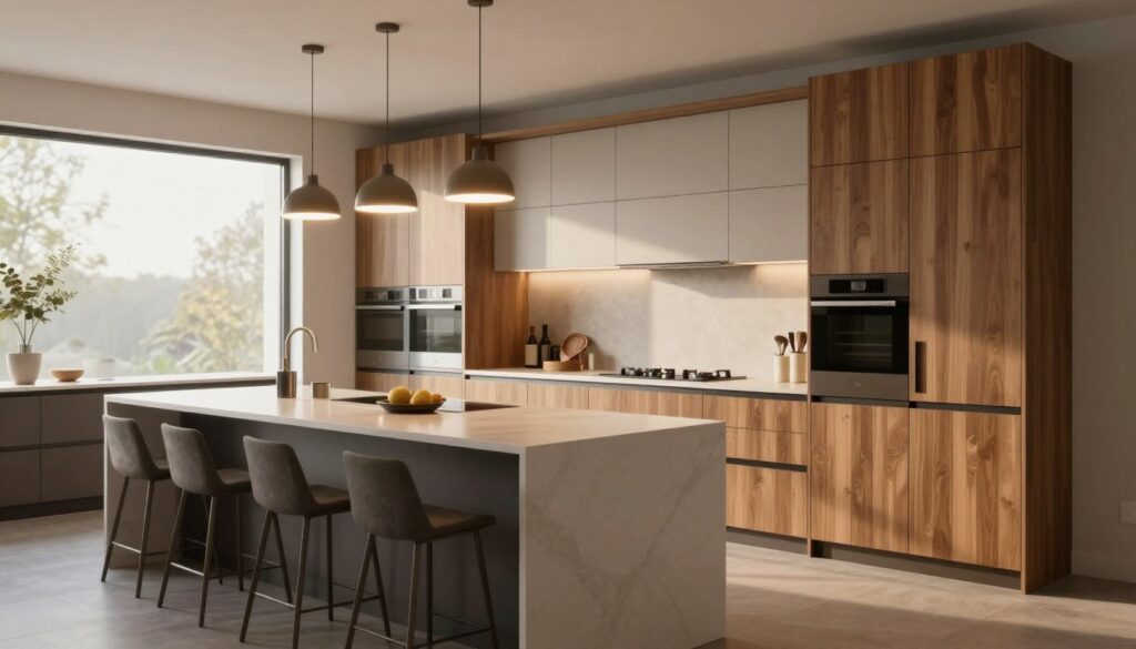 A beautifully designed kitchen with custom-built furniture, showcasing modern cabinetry and innovative storage solutions. In the foreground, a sleek, minimalistic kitchen island with bar stools invites interaction, complemented by stunning pendant lighting that casts a warm glow. The middle ground features a seamless integration of cabinets with a stylish countertop, emphasizing functionality and elegance. The background reveals a well-lit space with large windows, allowing natural light to filter in and illuminating the overall warmth of the wooden accents. The mood is inviting and sophisticated, capturing the essence of contemporary kitchen design. Rendered in a realistic style with soft shadows and a professional lens perspective, the image focuses on kitchen furniture that resonates with ideas for custom furniture projects.