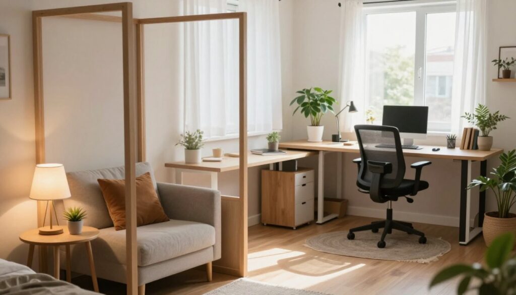 A beautifully designed shared room with one window, featuring two distinct areas that maximize light and privacy. In the foreground, a stylish divider separates a cozy reading nook with a plush armchair, a small side table, and a warm lamp casting soft light. In the middle, a light-filled workspace with a modern desk, an ergonomic chair, and indoor plants provides a refreshing atmosphere. The background shows the window allowing natural light to flow in, with sheer curtains that diffuse the bright sunlight. The overall mood is serene and inviting, emphasizing balance and functionality. The lighting is bright and airy, capturing a well-organized layout that promotes productivity and tranquility, shot from a slightly elevated angle to reveal the space's harmony. A beautifully designed shared room with one window, featuring two distinct areas that maximize light and privacy. In the foreground, a stylish divider separates a cozy reading nook with a plush armchair, a small side table, and a warm lamp casting soft light. In the middle, a light-filled workspace with a modern desk, an ergonomic chair, and indoor plants provides a refreshing atmosphere. The background shows the window allowing natural light to flow in, with sheer curtains that diffuse the bright sunlight. The overall mood is serene and inviting, emphasizing balance and functionality. The lighting is bright and airy, capturing a well-organized layout that promotes productivity and tranquility, shot from a slightly elevated angle to reveal the space's harmony.