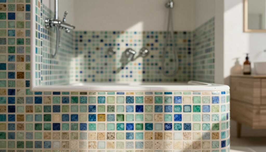 A beautifully designed shower area featuring an intricate mosaic tile layout, with a focus on colorful, epoxy grout lines that enhance the artwork. The foreground showcases a close-up of the mosaic tiles, capturing their texture and vibrant colors—blues, greens, and earthy tones mixed seamlessly. The middle ground reveals the entire shower space, highlighting elegant fixtures and modern minimalist design elements, creating a cozy yet sophisticated atmosphere. The background includes softly blurred bathroom accessories, with natural light filtering in, casting gentle shadows. This image conveys a sense of tranquility and hygiene, perfect for showcasing the aesthetic appeal and practical benefits of choosing the right grout color for a mosaic shower design. A beautifully designed shower area featuring an intricate mosaic tile layout, with a focus on colorful, epoxy grout lines that enhance the artwork. The foreground showcases a close-up of the mosaic tiles, capturing their texture and vibrant colors—blues, greens, and earthy tones mixed seamlessly. The middle ground reveals the entire shower space, highlighting elegant fixtures and modern minimalist design elements, creating a cozy yet sophisticated atmosphere. The background includes softly blurred bathroom accessories, with natural light filtering in, casting gentle shadows. This image conveys a sense of tranquility and hygiene, perfect for showcasing the aesthetic appeal and practical benefits of choosing the right grout color for a mosaic shower design.