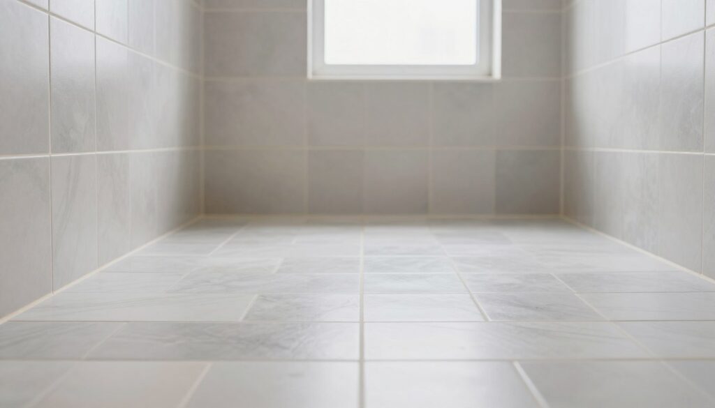 A beautifully designed small bathroom showcasing light-colored tiles with subtle textures and patterns that visually enhance the space. The foreground features a close-up of glossy white and soft gray tiles arranged in a staggered pattern, creating an illusion of depth. The middle ground displays a well-organized bathroom setting, highlighting wide grout lines in a contrasting yet soft beige hue, seamlessly integrating with the tiles. The background reveals a gentle diffusion of natural light coming through a frosted window, illuminating the space and emphasizing the spacious feel. Capture the mood of tranquility and elegance with a soft-focus effect, using a wide-angle lens to convey a sense of openness and modern design. The atmosphere should be serene and inviting, perfect for enhancing a small bathroom. A beautifully designed small bathroom showcasing light-colored tiles with subtle textures and patterns that visually enhance the space. The foreground features a close-up of glossy white and soft gray tiles arranged in a staggered pattern, creating an illusion of depth. The middle ground displays a well-organized bathroom setting, highlighting wide grout lines in a contrasting yet soft beige hue, seamlessly integrating with the tiles. The background reveals a gentle diffusion of natural light coming through a frosted window, illuminating the space and emphasizing the spacious feel. Capture the mood of tranquility and elegance with a soft-focus effect, using a wide-angle lens to convey a sense of openness and modern design. The atmosphere should be serene and inviting, perfect for enhancing a small bathroom.