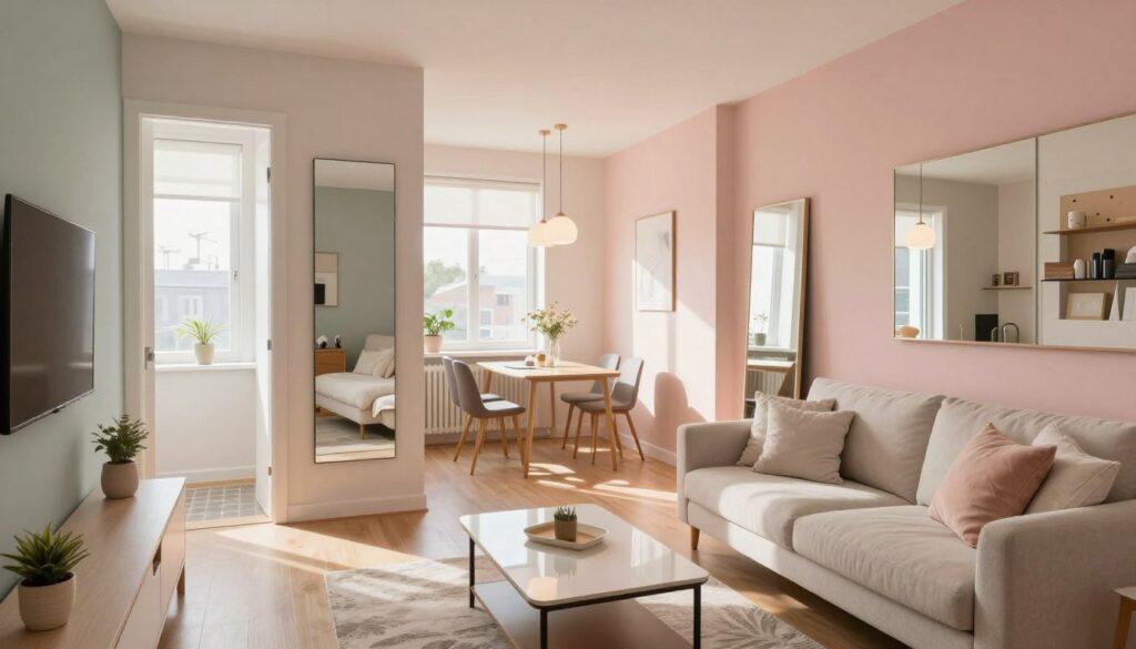 A beautifully designed small living space that showcases the concept of optical enlargement through color, light, and mirrors. In the foreground, there is a stylish light-colored sofa adorned with soft cushions. The middle features a sleek, modern coffee table reflecting the natural light coming from large windows. Surrounding the space, pastel wall colors create a warm ambiance, while strategically placed mirrors enhance the feeling of openness. In the background, a small dining area is illuminated by pendant lighting, casting gentle shadows that accentuate the room's height. The atmosphere is inviting and airy, expertly blending cozy decor with functional elements, making the 35 m² space feel expansive yet practical.