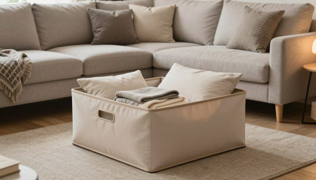 A beautifully designed storage container for bedding, situated in a cozy living room setting featuring the Figo corner sofa. In the foreground, the pojemnik na pościel is a stylish, modern piece, showcasing soft, neutral fabric with elegant stitching. The container is slightly opened, revealing plush pillows and neatly folded blankets. In the middle ground, the Figo corner sofa complements the aesthetic, adorned with decorative cushions and a chic throw. In the background, a small coffee table holds a cozy lamp, casting a warm glow across the room. The lighting is soft and inviting, creating a tranquil atmosphere. The scene is captured from a slightly angled perspective to emphasize space, making the room appear larger and more organized. A beautifully designed storage container for bedding, situated in a cozy living room setting featuring the Figo corner sofa. In the foreground, the pojemnik na pościel is a stylish, modern piece, showcasing soft, neutral fabric with elegant stitching. The container is slightly opened, revealing plush pillows and neatly folded blankets. In the middle ground, the Figo corner sofa complements the aesthetic, adorned with decorative cushions and a chic throw. In the background, a small coffee table holds a cozy lamp, casting a warm glow across the room. The lighting is soft and inviting, creating a tranquil atmosphere. The scene is captured from a slightly angled perspective to emphasize space, making the room appear larger and more organized.