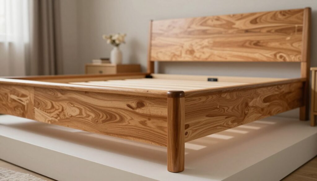 A beautifully finished OSB bed frame on a display in a softly lit room. In the foreground, focus on the smooth, lacquered surface of the OSB, showcasing a rich, warm finish with glossy reflections. The middle section features the bed, which stands proudly against a backdrop of a tastefully decorated bedroom. The walls are painted in calming, neutral tones, harmonizing with the natural wood grain of the OSB. Soft, ambient lighting creates a cozy atmosphere, highlighting the meticulous edges and corners that have been expertly sanded and treated. The mood is serene and inviting, emphasizing the craftsmanship and aesthetic appeal of the OSB furniture. The camera angle is slightly elevated, providing a clear view of the bed’s details without any distractions or additional elements in the background.