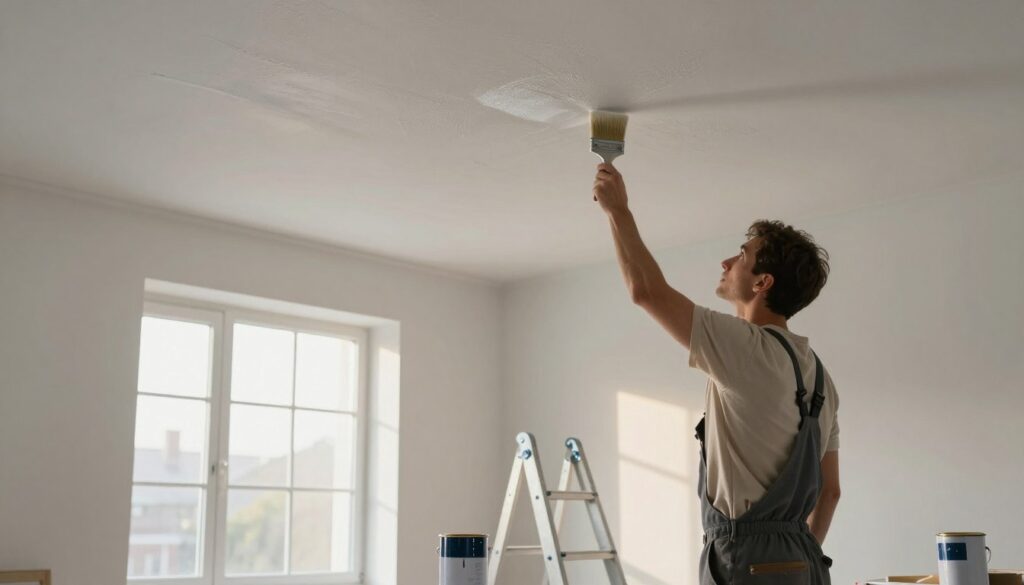 A beautifully illuminated room with a freshly painted ceiling, showcasing the technique of painting with directional light from an adjacent window. In the foreground, a painter in professional attire is carefully applying a brush to the ceiling, focusing intently on achieving an even coat. In the middle ground, a ladder rests against the wall, and a paint can is open on the floor, with droplets of paint reflecting the soft natural light. The background features a large window letting in warm sunlight, casting gentle shadows and highlighting the textures of the ceiling. The atmosphere is calm and serene, emphasizing the importance of light direction in the painting process. The color palette includes soft whites and light grays, promoting a sense of tranquility and clarity.