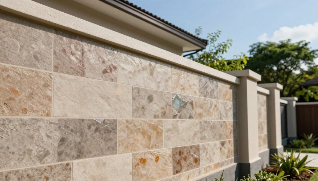 A beautifully rendered exterior wall of a house featuring a textured surface with a modern finish, highlighting a harmonious blend of muted earth tones and vibrant accents. The foreground includes a section of the wall, showcasing various tile patterns that illustrate the durability and aesthetic appeal, with some tiles glistening slightly under natural lighting. In the middle ground, lush greenery with soft shadows enhances the visual appeal, while the background includes a clear blue sky, indicating a sunny day. The image should focus on the texture and color variations, emphasizing how the surface finish can reduce water stains and enhance the structure’s longevity. Use a wide-angle lens to capture the details and create a professional, inviting atmosphere.