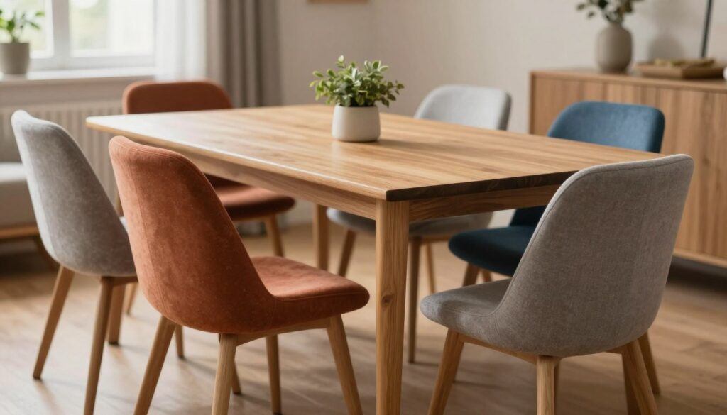 A beautifully set dining area featuring a wooden table surrounded by a variety of stylish chairs in complementary colors. The foreground includes a close-up view of the chairs, highlighting their distinct hues—warm earth tones like terracotta, soft greys, and muted blues. The middle ground showcases the sturdy wooden table with a natural finish, adorned with a minimalist centerpiece of greenery. The background is softly blurred, depicting a well-lit, cozy room with warm lighting, casting gentle shadows that enhance the wood textures. The overall mood is inviting and harmonious, emphasizing a blend of colors that harmonize with the wooden table while avoiding a matching 'set' look. A wide-angle perspective enhances the spacious feel of the area. A beautifully set dining area featuring a wooden table surrounded by a variety of stylish chairs in complementary colors. The foreground includes a close-up view of the chairs, highlighting their distinct hues—warm earth tones like terracotta, soft greys, and muted blues. The middle ground showcases the sturdy wooden table with a natural finish, adorned with a minimalist centerpiece of greenery. The background is softly blurred, depicting a well-lit, cozy room with warm lighting, casting gentle shadows that enhance the wood textures. The overall mood is inviting and harmonious, emphasizing a blend of colors that harmonize with the wooden table while avoiding a matching 'set' look. A wide-angle perspective enhances the spacious feel of the area.