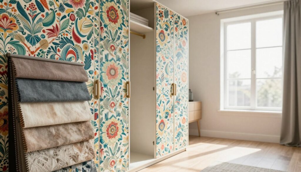 A beautifully styled interior featuring a sleek, modern wardrobe with a fresh new look, partially wrapped in vibrant, patterned wallpaper on one side. In the foreground, showcase elegant fabric samples layered beside the wardrobe, illustrating various textures and designs, emphasizing the transformation theme. In the middle ground, include a well-lit, spacious room with warm natural light filtering through a large window, casting soft shadows. The background should consist of minimalistic decor, adding depth to the scene without overwhelming it. The overall atmosphere should feel inviting and rejuvenating, highlighting the ease of updating furniture with wallpaper. Capture the essence of creativity and new beginnings, focusing on a harmonious color palette that inspires innovation.