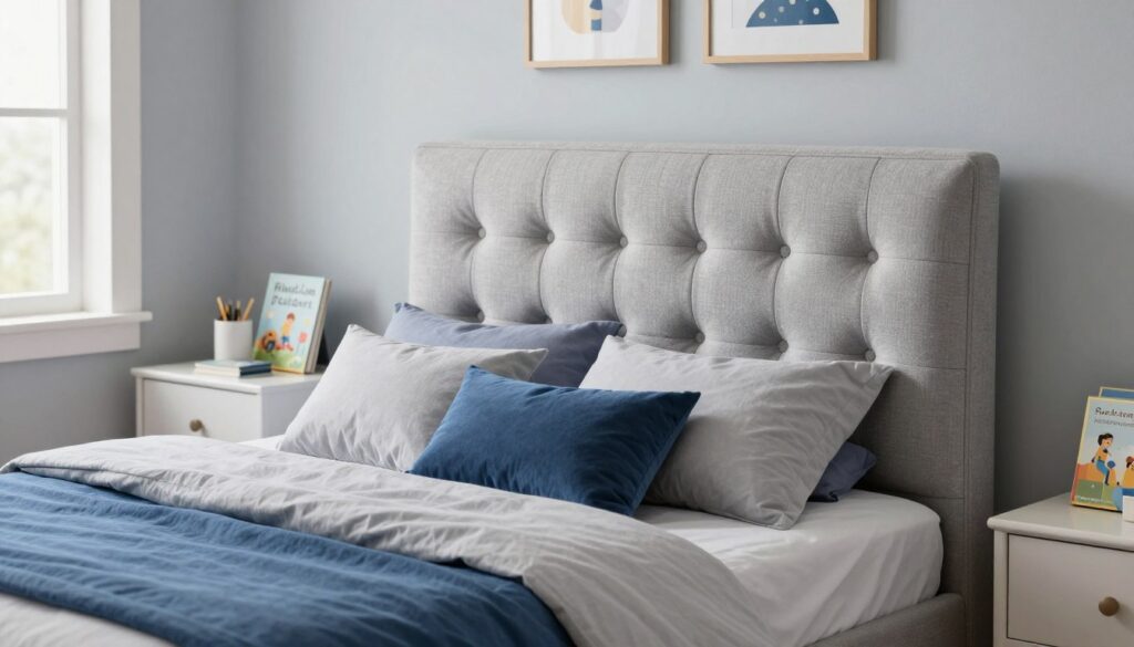 A beautifully styled upholstered bed designed for a young boy, showcasing a combination of practical fabrics and soothing colors. In the foreground, focus on the bed adorned with soft, plush cushions in shades of blue and gray. The middle ground features the bed's headboard, which is elegantly tufted and complementing the overall design with playful yet mature patterns suitable for a child's room. In the background, softly lit by daylight streaming through a window, you can see a cozy, well-organized bedroom with subtle decorative elements like wall art and a bedside table with children's books. The atmosphere is warm and inviting, evoking a sense of comfort and practicality. The scene is captured from a slightly elevated angle to highlight the bed's features. A beautifully styled upholstered bed designed for a young boy, showcasing a combination of practical fabrics and soothing colors. In the foreground, focus on the bed adorned with soft, plush cushions in shades of blue and gray. The middle ground features the bed's headboard, which is elegantly tufted and complementing the overall design with playful yet mature patterns suitable for a child's room. In the background, softly lit by daylight streaming through a window, you can see a cozy, well-organized bedroom with subtle decorative elements like wall art and a bedside table with children's books. The atmosphere is warm and inviting, evoking a sense of comfort and practicality. The scene is captured from a slightly elevated angle to highlight the bed's features.