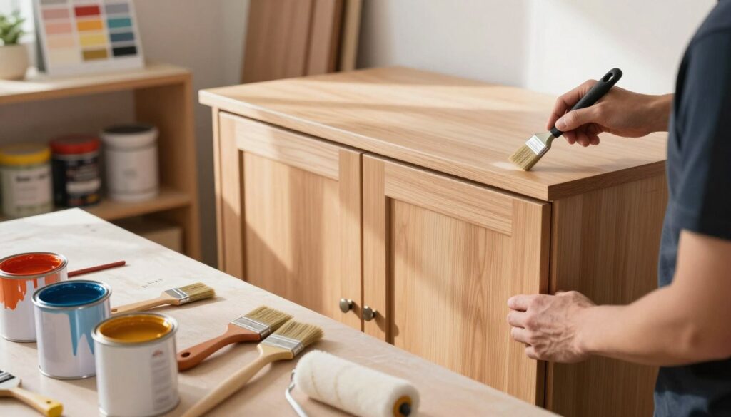 A bright and inviting workshop scene focused on a skilled craftsperson painting wooden kitchen furniture with veneer. In the foreground, a well-organized table holds various painting tools: brushes, rollers, and cans of vibrant, glossy paint. The middle ground showcases a beautifully refinished kitchen cabinet, its smooth surface gleaming under warm, natural lighting. In the background, soft shadows fall from shelves lined with paint samples and furniture-making supplies. The atmosphere is creative and professional, depicting a serene yet productive environment. The lens captures a slightly elevated angle, highlighting the craftsmanship involved in achieving a streak-free finish on the veneer without damage.