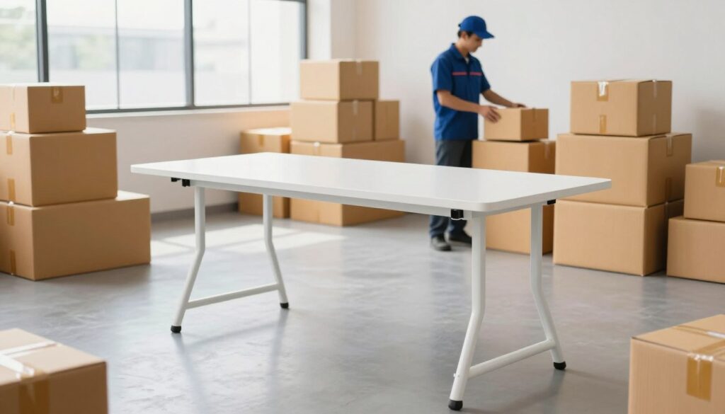 A bright and modern logistics center featuring a sleek, white folding table prominently displayed in the foreground. The table is open, showcasing its sturdy design and functionality, embodying the features essential for stability during use. In the middle ground, well-organized packages of various sizes and shapes are stacked neatly, symbolizing efficient shipping and delivery processes. A delivery worker in professional attire inspects a package, embodying professionalism and attention to detail. In the background, a large window allows natural light to pour in, enhancing the clean and spacious feel of the environment. The overall atmosphere is one of efficiency and optimism, highlighting the key themes of shipping, delivery, and customer satisfaction. A bright and modern logistics center featuring a sleek, white folding table prominently displayed in the foreground. The table is open, showcasing its sturdy design and functionality, embodying the features essential for stability during use. In the middle ground, well-organized packages of various sizes and shapes are stacked neatly, symbolizing efficient shipping and delivery processes. A delivery worker in professional attire inspects a package, embodying professionalism and attention to detail. In the background, a large window allows natural light to pour in, enhancing the clean and spacious feel of the environment. The overall atmosphere is one of efficiency and optimism, highlighting the key themes of shipping, delivery, and customer satisfaction.