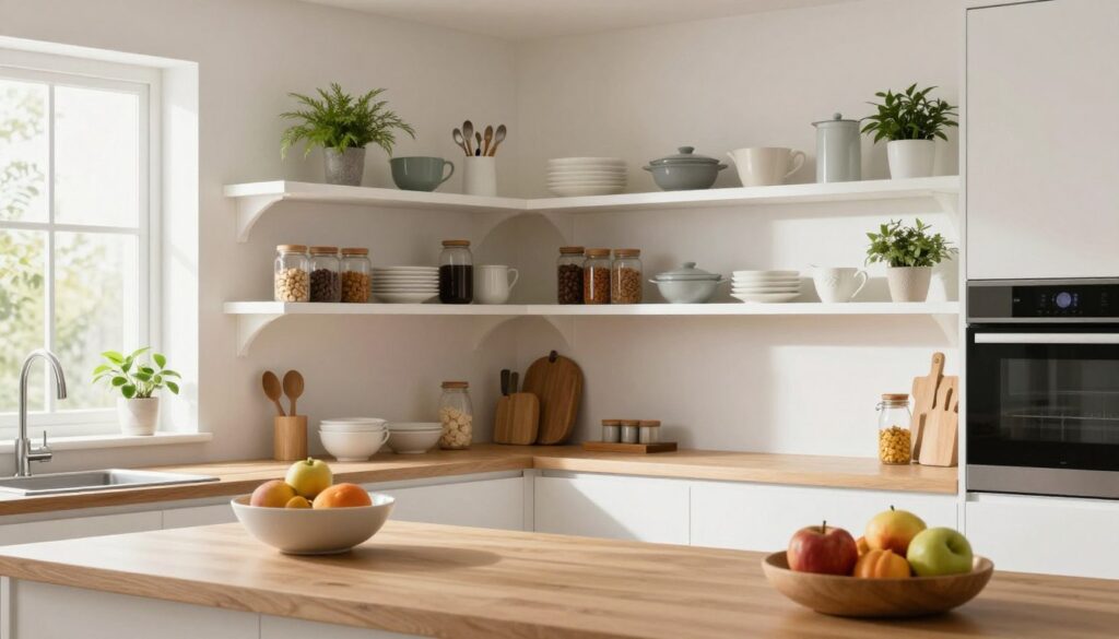 A bright, modern kitchen featuring white corner shelves filled with neatly arranged kitchenware, spices, and plants. In the foreground, showcase a stylish wooden countertop with a few elegant utensils and a trendy fruit bowl. The middle space should highlight the white corner shelves, accentuated by soft, natural light coming from a nearby window, creating a warm, inviting atmosphere. The background includes a glimpse of sleek kitchen appliances, emphasizing functionality and contemporary design. The scene is viewed from a slightly elevated angle, showcasing the harmony between the décor and storage options. The overall mood is one of tranquility and efficiency, perfect for illustrating the importance of well-organized kitchen spaces. A bright, modern kitchen featuring white corner shelves filled with neatly arranged kitchenware, spices, and plants. In the foreground, showcase a stylish wooden countertop with a few elegant utensils and a trendy fruit bowl. The middle space should highlight the white corner shelves, accentuated by soft, natural light coming from a nearby window, creating a warm, inviting atmosphere. The background includes a glimpse of sleek kitchen appliances, emphasizing functionality and contemporary design. The scene is viewed from a slightly elevated angle, showcasing the harmony between the décor and storage options. The overall mood is one of tranquility and efficiency, perfect for illustrating the importance of well-organized kitchen spaces.