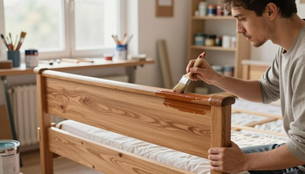 A bright, well-lit workshop scene showcasing a wooden bed being painted with a brush. In the foreground, a skilled artisan in modest casual clothing carefully applies a rich, glossy finish to the headboard, using a fine bristle brush. The artisan's focused expression conveys dedication to achieving a flawless surface. In the middle, the bed frame is prominently displayed, its grains and textures highlighted by the warm natural light streaming in from a nearby window. Paint cans and brushes are neatly arranged on a workbench, adding to the organized chaos of the creative environment. In the background, shelves filled with painting supplies and tools create a cozy, inviting atmosphere. The overall mood is one of craftsmanship, creativity, and serenity, emphasizing the careful steps involved in achieving a durable paint finish. A bright, well-lit workshop scene showcasing a wooden bed being painted with a brush. In the foreground, a skilled artisan in modest casual clothing carefully applies a rich, glossy finish to the headboard, using a fine bristle brush. The artisan's focused expression conveys dedication to achieving a flawless surface. In the middle, the bed frame is prominently displayed, its grains and textures highlighted by the warm natural light streaming in from a nearby window. Paint cans and brushes are neatly arranged on a workbench, adding to the organized chaos of the creative environment. In the background, shelves filled with painting supplies and tools create a cozy, inviting atmosphere. The overall mood is one of craftsmanship, creativity, and serenity, emphasizing the careful steps involved in achieving a durable paint finish.