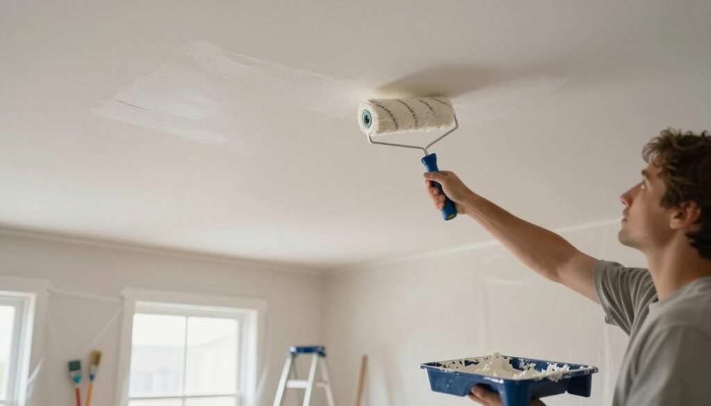 A brightly lit room with a ceiling being prepared for painting. In the foreground, a person wearing modest casual clothing, equipped with a paint roller and a tray filled with white paint, is gently rolling a primer on the ceiling. Their focused expression conveys diligence and care. In the middle, the ceiling shows a fresh layer of primer, while the walls are covered with protective plastic sheets to catch any splatters. The background features a clean, organized workspace with tools, such as paint brushes and a ladder, arranged neatly. Soft, diffused natural light filters through a window, creating a calm and professional atmosphere, ideal for home improvement projects. The angle captures the action from a slight low vantage point, emphasizing the ceiling's preparation for an even paint finish. A brightly lit room with a ceiling being prepared for painting. In the foreground, a person wearing modest casual clothing, equipped with a paint roller and a tray filled with white paint, is gently rolling a primer on the ceiling. Their focused expression conveys diligence and care. In the middle, the ceiling shows a fresh layer of primer, while the walls are covered with protective plastic sheets to catch any splatters. The background features a clean, organized workspace with tools, such as paint brushes and a ladder, arranged neatly. Soft, diffused natural light filters through a window, creating a calm and professional atmosphere, ideal for home improvement projects. The angle captures the action from a slight low vantage point, emphasizing the ceiling's preparation for an even paint finish.