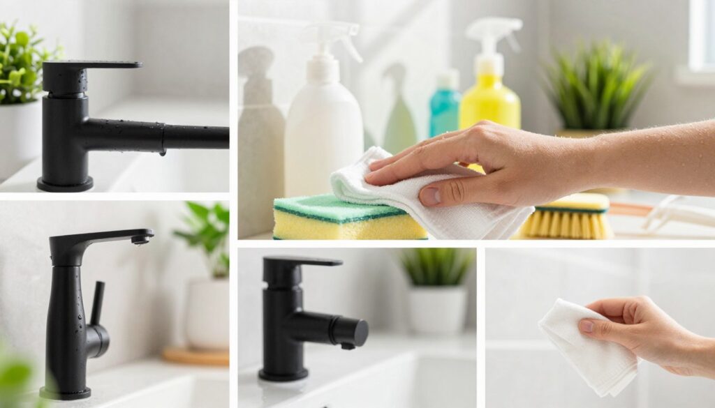 A clean and organized bathroom scene featuring a sleek black faucet being meticulously cleaned with a soft cloth. In the foreground, droplets of water glisten on the faucet, showcasing its polished surface. The middle layer includes a vibrant countertop adorned with natural cleaning products and tools like a sponge and a brush, emphasizing the concept of regular maintenance. The background reveals a bright, airy bathroom with light-colored walls and decorative plants, enhancing the freshness of routine cleaning. Soft, natural light streams in from a nearby window, casting gentle shadows and creating an inviting atmosphere. The overall mood is calm and reassuring, highlighting the importance of daily care in preventing mineral buildup. Multiple angles capture the intricate details of the faucet and cleaning process, ensuring a comprehensive visual representation of effective care. A clean and organized bathroom scene featuring a sleek black faucet being meticulously cleaned with a soft cloth. In the foreground, droplets of water glisten on the faucet, showcasing its polished surface. The middle layer includes a vibrant countertop adorned with natural cleaning products and tools like a sponge and a brush, emphasizing the concept of regular maintenance. The background reveals a bright, airy bathroom with light-colored walls and decorative plants, enhancing the freshness of routine cleaning. Soft, natural light streams in from a nearby window, casting gentle shadows and creating an inviting atmosphere. The overall mood is calm and reassuring, highlighting the importance of daily care in preventing mineral buildup. Multiple angles capture the intricate details of the faucet and cleaning process, ensuring a comprehensive visual representation of effective care.