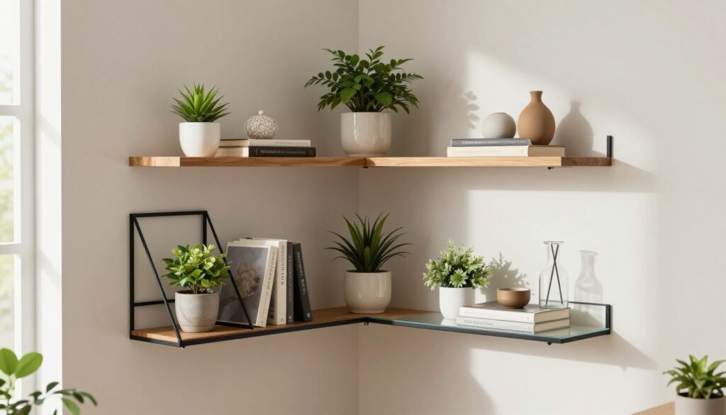 A clean, modern corner wall shelf display showcasing various aesthetic and functional models, arranged artistically against a softly lit background. The foreground features three distinct corner shelf designs: one made of sleek black metal with geometric shapes, another crafted from warm wooden tones, and a third in a minimalist glass finish. Each shelf is adorned with decorative items like potted plants, books, and elegant vases, highlighting their usability. The middle ground captures a bright interior setting with natural light filtering through a window, casting gentle shadows. In the background, a neutral-colored wall adds depth without distraction. The mood is contemporary and inviting, emphasizing the balance of style and practicality in corner shelf solutions.