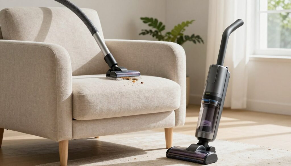 A clean, modern living room setting featuring a well-upholstered chair being vacuumed. In the foreground, an ergonomic vacuum cleaner is gently approaching the chair, focusing on the seat and armrests where crumbs and dust are visible. Soft morning light streams through a nearby window, casting gentle shadows and highlighting the texture of the fabric. The middle ground showcases the chair, adorned in a cozy fabric with an inviting design, suggesting a thorough cleaning process. In the background, the room is minimally decorated with houseplants and neutral-toned walls, creating a serene atmosphere. The overall mood is fresh and hygienic, emphasizing domestic care and cleanliness. A clean, modern living room setting featuring a well-upholstered chair being vacuumed. In the foreground, an ergonomic vacuum cleaner is gently approaching the chair, focusing on the seat and armrests where crumbs and dust are visible. Soft morning light streams through a nearby window, casting gentle shadows and highlighting the texture of the fabric. The middle ground showcases the chair, adorned in a cozy fabric with an inviting design, suggesting a thorough cleaning process. In the background, the room is minimally decorated with houseplants and neutral-toned walls, creating a serene atmosphere. The overall mood is fresh and hygienic, emphasizing domestic care and cleanliness.