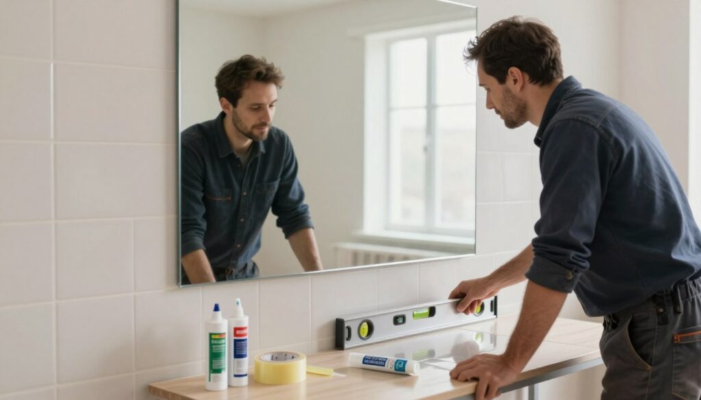 A clean, well-lit workspace featuring a smooth wall with ceramic tiles, ready for preparing a mirror installation. In the foreground, a professional worker in smart casual attire is using a level tool to ensure proper alignment of the tiles. On a table beside them, various adhesives and mounting tapes are neatly arranged, showcasing a roll of double-sided tape and a tube of clear mirror adhesive. The middle ground features the reflection of the worker examining the wall, with soft natural lighting creating a calm atmosphere. The background has a light, neutral-colored wall, providing a minimalistic and focused environment. The scene conveys a sense of precision and preparation, essential for securing the mirror effectively. A clean, well-lit workspace featuring a smooth wall with ceramic tiles, ready for preparing a mirror installation. In the foreground, a professional worker in smart casual attire is using a level tool to ensure proper alignment of the tiles. On a table beside them, various adhesives and mounting tapes are neatly arranged, showcasing a roll of double-sided tape and a tube of clear mirror adhesive. The middle ground features the reflection of the worker examining the wall, with soft natural lighting creating a calm atmosphere. The background has a light, neutral-colored wall, providing a minimalistic and focused environment. The scene conveys a sense of precision and preparation, essential for securing the mirror effectively.