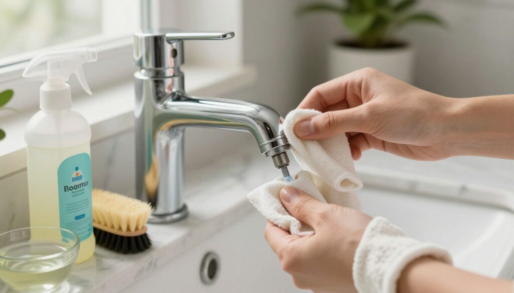 A close-up image of a bathroom faucet being carefully cleaned, with a focus on the aerator (perlator) being de-mineralized. The scene includes a hand wearing a soft cloth glove, gently disassembling the aerator with care. Surround the task with cleaning supplies arranged neatly on a marble countertop, such as a gentle, non-abrasive cleaner, a small brush, and a bowl of vinegar. Utilize soft, natural light coming from a nearby window to enhance the textures of the faucet and countertop, creating a warm and inviting atmosphere. The background should feature a tastefully decorated bathroom with a hint of greenery, adding freshness to the scene. Capture a shallow depth of field to emphasize the cleaning process while keeping the background slightly blurred. A close-up image of a bathroom faucet being carefully cleaned, with a focus on the aerator (perlator) being de-mineralized. The scene includes a hand wearing a soft cloth glove, gently disassembling the aerator with care. Surround the task with cleaning supplies arranged neatly on a marble countertop, such as a gentle, non-abrasive cleaner, a small brush, and a bowl of vinegar. Utilize soft, natural light coming from a nearby window to enhance the textures of the faucet and countertop, creating a warm and inviting atmosphere. The background should feature a tastefully decorated bathroom with a hint of greenery, adding freshness to the scene. Capture a shallow depth of field to emphasize the cleaning process while keeping the background slightly blurred.