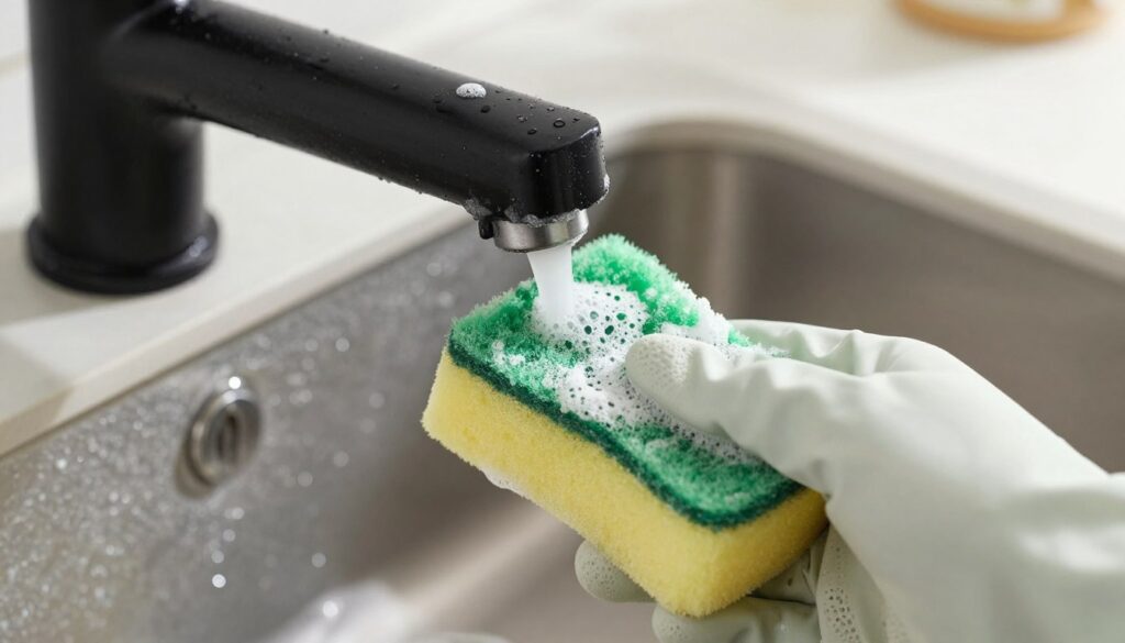 A close-up image of a black faucet with mineral buildup around the spout, showcasing the vivid texture of the buildup, resembling white and lime-green deposits. The background features a soft-focus kitchen sink, with sparkling reflections of swirling water and a hint of soap suds, creating a clean and inviting atmosphere. The lighting is bright and natural, highlighting the contrasts between the shiny black surface and the dull mineral buildup. A hand wearing a rubber glove is in the foreground, gently scrubbing the faucet with a non-abrasive sponge, demonstrating the safe technique of cleaning without damaging the finish. The angle is slightly above the faucet, emphasizing the details while keeping an overall professional yet approachable mood. A close-up image of a black faucet with mineral buildup around the spout, showcasing the vivid texture of the buildup, resembling white and lime-green deposits. The background features a soft-focus kitchen sink, with sparkling reflections of swirling water and a hint of soap suds, creating a clean and inviting atmosphere. The lighting is bright and natural, highlighting the contrasts between the shiny black surface and the dull mineral buildup. A hand wearing a rubber glove is in the foreground, gently scrubbing the faucet with a non-abrasive sponge, demonstrating the safe technique of cleaning without damaging the finish. The angle is slightly above the faucet, emphasizing the details while keeping an overall professional yet approachable mood.