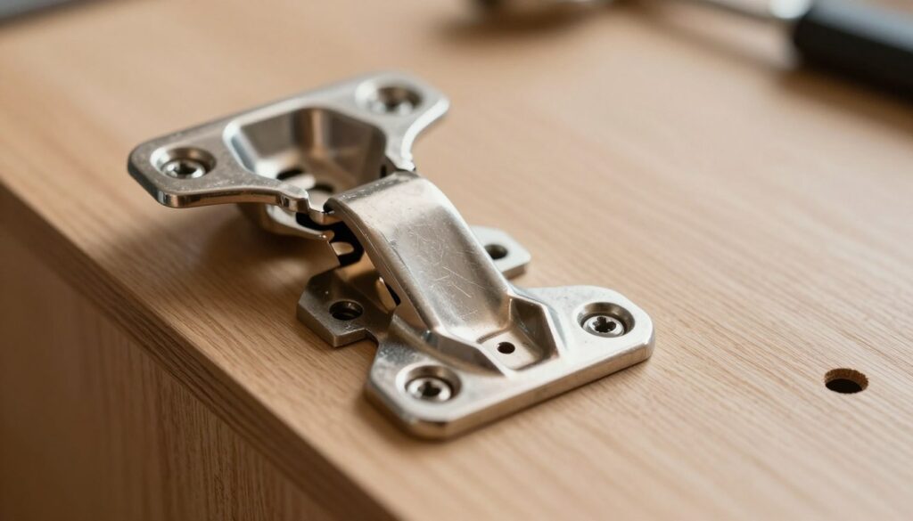 A close-up image of a repair plate for a cabinet hinge, showcasing the detailed texture of the metal surface with visible screw holes, positioned on a wooden furniture panel. The foreground captures the repair plate on the left, while the right half focuses on the wooden surface, highlighting the drilled holes for the screws. Soft, diffused lighting creates a professional atmosphere, enhancing the metallic sheen of the repair plate while casting gentle shadows that add depth. The background is slightly blurred to emphasize the central subject, with a warm, inviting color palette of browns and beiges that reflects a typical workshop environment. The image conveys a sense of practicality and craftsmanship, ideal for illustrating a DIY repair process. A close-up image of a repair plate for a cabinet hinge, showcasing the detailed texture of the metal surface with visible screw holes, positioned on a wooden furniture panel. The foreground captures the repair plate on the left, while the right half focuses on the wooden surface, highlighting the drilled holes for the screws. Soft, diffused lighting creates a professional atmosphere, enhancing the metallic sheen of the repair plate while casting gentle shadows that add depth. The background is slightly blurred to emphasize the central subject, with a warm, inviting color palette of browns and beiges that reflects a typical workshop environment. The image conveys a sense of practicality and craftsmanship, ideal for illustrating a DIY repair process.