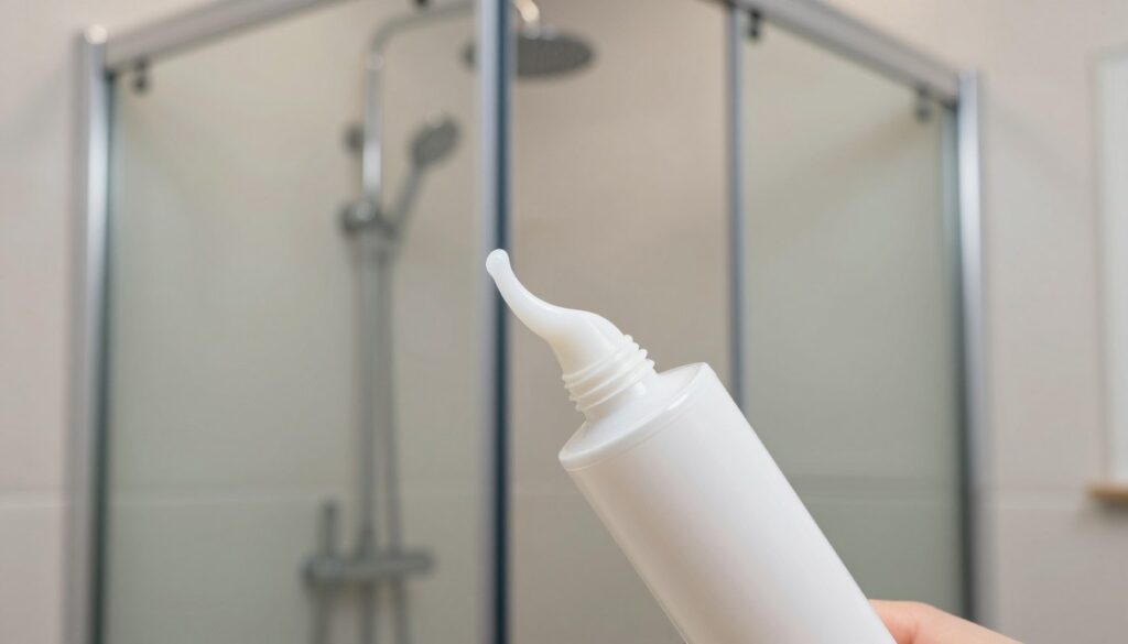 A close-up image of a tube of silicone sealant specifically designed for bathroom use, prominently displayed in the foreground. The silicone is a translucent white color with a smooth texture, showing a thin, even bead of sealant freshly applied along the corner edges of a shower enclosure. In the middle ground, a modern, clean shower cabin with a glossy finish can be seen, featuring clear glass doors and a sleek showerhead. The background showcases a neutral-toned bathroom setting with soft, natural lighting that creates a bright and inviting atmosphere. The composition emphasizes attention to detail, highlighting the utility of silicone sealant in preventing water leakage, while maintaining a professional and clean aesthetic.