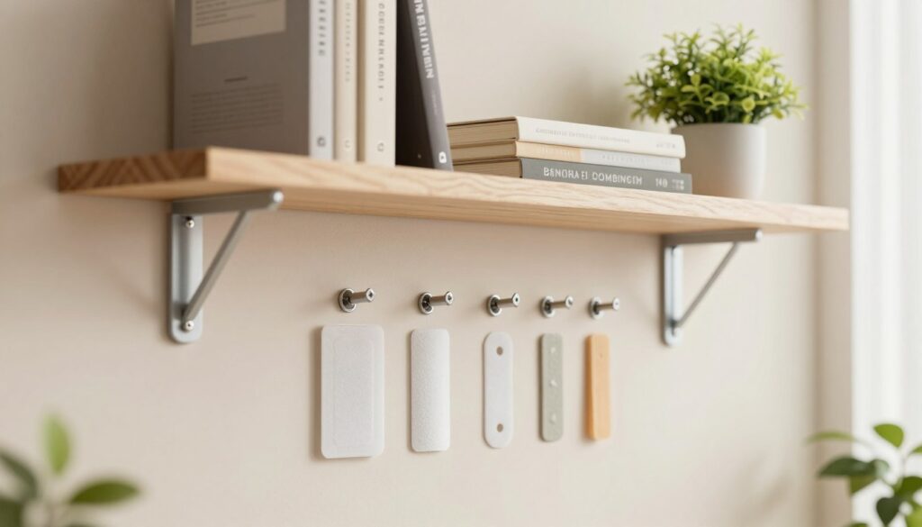 A close-up image of a wall-mounted shelf secured using innovative no-drill mounting solutions. The foreground shows various no-drill brackets, anchors, and adhesive strips, clearly displayed and arranged aesthetically. The middle section features a well-organized shelf, decorated with books and small plants, against a light-colored wall to emphasize the concept of space-saving design. In the background, soft natural light filters through a window, creating a warm and welcoming atmosphere. The focus is sharp on the mounting hardware, showcasing its functionality and practicality. The overall mood is pragmatic yet stylish, highlighting the feasibility of safe wall mounting without compromising aesthetics. A close-up image of a wall-mounted shelf secured using innovative no-drill mounting solutions. The foreground shows various no-drill brackets, anchors, and adhesive strips, clearly displayed and arranged aesthetically. The middle section features a well-organized shelf, decorated with books and small plants, against a light-colored wall to emphasize the concept of space-saving design. In the background, soft natural light filters through a window, creating a warm and welcoming atmosphere. The focus is sharp on the mounting hardware, showcasing its functionality and practicality. The overall mood is pragmatic yet stylish, highlighting the feasibility of safe wall mounting without compromising aesthetics.