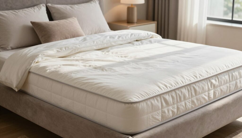 A close-up of a high-quality waterproof mattress protector elegantly displayed on a neatly made bed. The mattress protector, made from soft, breathable fabric, should have a subtle sheen to emphasize its protective qualities. The bed is adorned with inviting pillows and a tasteful blanket, creating a cozy atmosphere. Soft, natural daylight streams through a nearby window, casting gentle shadows to enhance the texture of the mattress protector. In the background, a modern bedroom setting with warm tones includes a bedside table with a lamp, evoking a sense of calm and comfort. Focus on the details of the mattress protector, showcasing its stitching and corners, to illustrate its effectiveness in safeguarding the mattress. A close-up of a high-quality waterproof mattress protector elegantly displayed on a neatly made bed. The mattress protector, made from soft, breathable fabric, should have a subtle sheen to emphasize its protective qualities. The bed is adorned with inviting pillows and a tasteful blanket, creating a cozy atmosphere. Soft, natural daylight streams through a nearby window, casting gentle shadows to enhance the texture of the mattress protector. In the background, a modern bedroom setting with warm tones includes a bedside table with a lamp, evoking a sense of calm and comfort. Focus on the details of the mattress protector, showcasing its stitching and corners, to illustrate its effectiveness in safeguarding the mattress.