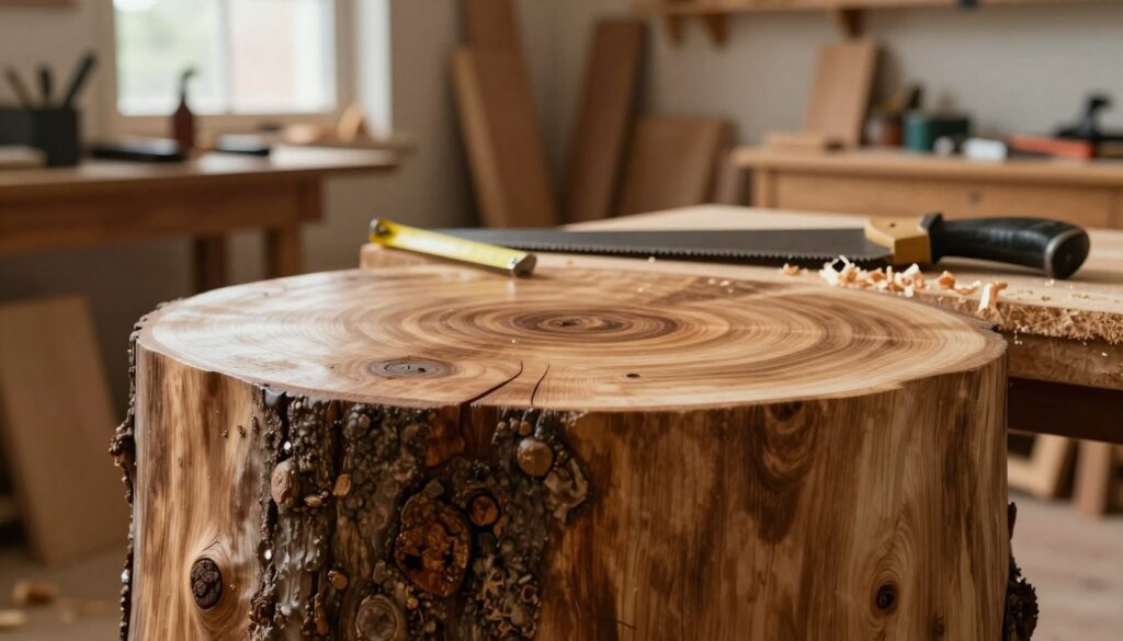 A close-up of a solid tree stump selected for crafting a wooden table, showcasing its rich textures and natural grains. The foreground features a polished, smooth surface of the stump, highlighting any knots and unique patterns. In the middle, tools for measurement and a saw are neatly arranged, suggesting preparation for crafting, with sawdust scattered around to convey an active workspace. The background is softly blurred, depicting a workshop filled with warm, ambient light filtering through windows, illuminating wood shavings and tools. The atmosphere is inviting and focused, conveying a sense of craftsmanship and attention to detail, reflecting the importance of choosing the right tree stump for durability and aesthetics. A close-up of a solid tree stump selected for crafting a wooden table, showcasing its rich textures and natural grains. The foreground features a polished, smooth surface of the stump, highlighting any knots and unique patterns. In the middle, tools for measurement and a saw are neatly arranged, suggesting preparation for crafting, with sawdust scattered around to convey an active workspace. The background is softly blurred, depicting a workshop filled with warm, ambient light filtering through windows, illuminating wood shavings and tools. The atmosphere is inviting and focused, conveying a sense of craftsmanship and attention to detail, reflecting the importance of choosing the right tree stump for durability and aesthetics.