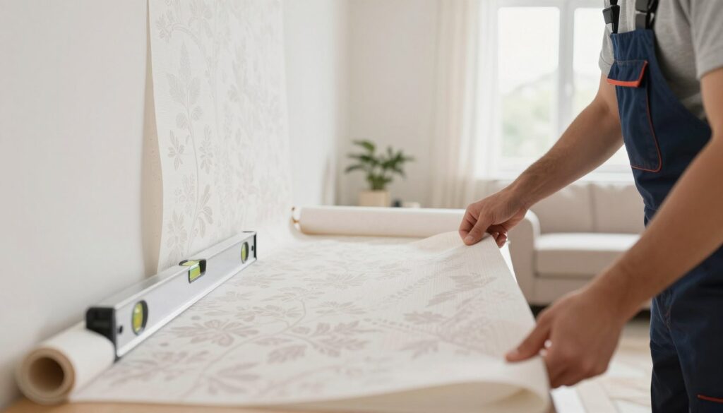 A close-up scene of a skilled craftsman applying wallpaper in a well-lit interior space. In the foreground, the craftsman, dressed in professional attire, carefully aligns the first piece of wallpaper, ensuring it is perfectly vertical. The wallpaper features a subtle floral pattern, adding elegance to the room. In the middle ground, a level tool rests on the newly applied wallpaper, emphasizing precision. The background showcases a bright and airy living space with soft, natural light filtering through a window, highlighting the smooth walls and a partially rolled-up wallpaper. The atmosphere is focused and professional, conveying a sense of dedication to achieving a flawless finish. A close-up scene of a skilled craftsman applying wallpaper in a well-lit interior space. In the foreground, the craftsman, dressed in professional attire, carefully aligns the first piece of wallpaper, ensuring it is perfectly vertical. The wallpaper features a subtle floral pattern, adding elegance to the room. In the middle ground, a level tool rests on the newly applied wallpaper, emphasizing precision. The background showcases a bright and airy living space with soft, natural light filtering through a window, highlighting the smooth walls and a partially rolled-up wallpaper. The atmosphere is focused and professional, conveying a sense of dedication to achieving a flawless finish.