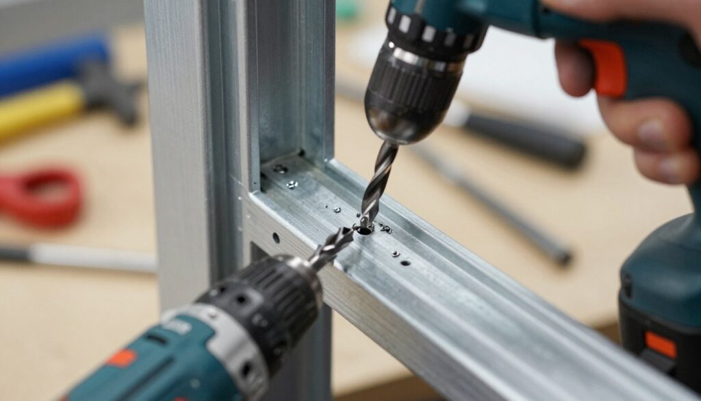 A close-up scene of drilling holes in a metal door frame, showcasing an electric drill with a high-speed bit, focusing on the drill bit making contact with the metal. The foreground includes the handle of the drill and a few metal shavings scattered around. In the middle ground, the metal door frame is clearly visible, highlighting the texture and finish of the metal, with essential features like pre-marked spots for drilling. The background is slightly blurred but hints at a workshop environment with tools and safety equipment. The lighting is bright and even, conveying a professional workspace atmosphere, emphasizing precision and careful work. The image captures a moment of focused effort, embodying a sense of professionalism and craftsmanship.