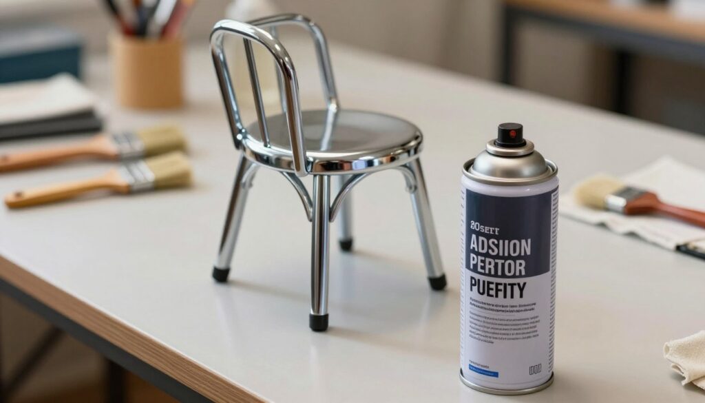 A close-up shot of a can of adhesion-promoting primer designed for use on chrome surfaces, placed on a clean, polished workbench. The foreground features the spray can clearly visible with a glossy finish, emphasizing its label indicating it's for metal surfaces. In the middle, a chrome chair sits slightly off-center, showcasing its shiny surface that's ready for painting. The background is softly blurred, featuring tools like brushes and drop cloths, creating a DIY workspace atmosphere. The lighting is bright and focused, highlighting the can and the chair, with a warm tone that suggests a productive and inviting environment. The overall mood is professional and practical, conveying a sense of readiness for a painting project.