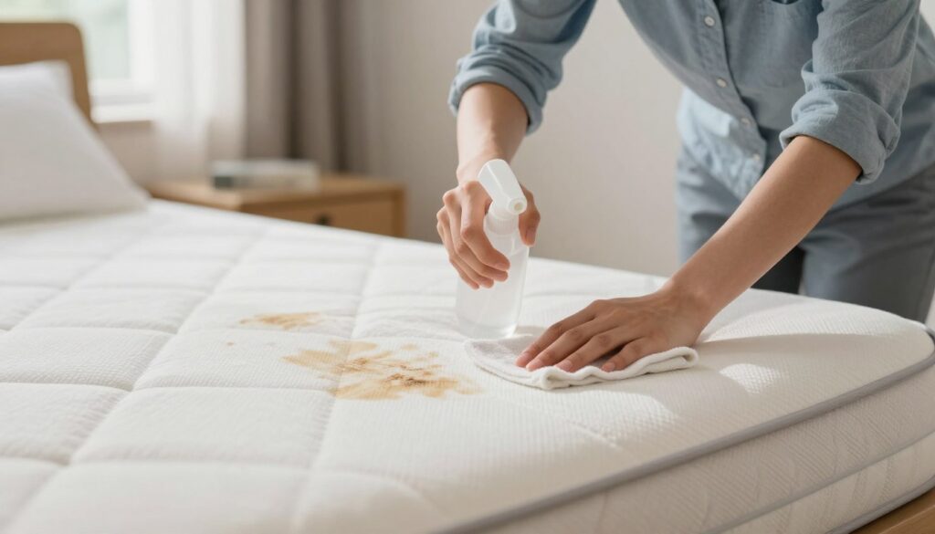 A close-up shot of a person in professional casual attire, carefully cleaning a mattress surface with a focused expression. The foreground features a clean, plush mattress with light stains being treated with a small spray bottle and a soft cloth. In the middle, the person's hands are gently dabbing at the stain, showcasing the technique of spot cleaning without excessive moisture. The background displays a cozy bedroom environment with soft, natural lighting filtering through a window, creating a warm and inviting atmosphere. The scene evokes a sense of meticulous care and effectiveness in cleaning, emphasizing the importance of maintaining a clean mattress. A close-up shot of a person in professional casual attire, carefully cleaning a mattress surface with a focused expression. The foreground features a clean, plush mattress with light stains being treated with a small spray bottle and a soft cloth. In the middle, the person's hands are gently dabbing at the stain, showcasing the technique of spot cleaning without excessive moisture. The background displays a cozy bedroom environment with soft, natural lighting filtering through a window, creating a warm and inviting atmosphere. The scene evokes a sense of meticulous care and effectiveness in cleaning, emphasizing the importance of maintaining a clean mattress.