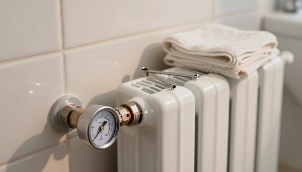 A close-up view of a bathroom radiator with visible warning signals indicating potential issues. In the foreground, focus on the radiator's gauge showing temperature and pressure levels, with a visible leak or corrosion on the pipe connections. In the middle ground, display a set of small tools like a radiator key and a towel, highlighting the maintenance aspect. The background should feature a softly lit, modern bathroom environment, with light reflecting off tiles and subtle shadows enhancing depth. Aim for a calm, informative atmosphere with warm lighting, evoking a sense of familiarity and comfort in home maintenance. No text or markings should be present in the image. A close-up view of a bathroom radiator with visible warning signals indicating potential issues. In the foreground, focus on the radiator's gauge showing temperature and pressure levels, with a visible leak or corrosion on the pipe connections. In the middle ground, display a set of small tools like a radiator key and a towel, highlighting the maintenance aspect. The background should feature a softly lit, modern bathroom environment, with light reflecting off tiles and subtle shadows enhancing depth. Aim for a calm, informative atmosphere with warm lighting, evoking a sense of familiarity and comfort in home maintenance. No text or markings should be present in the image.