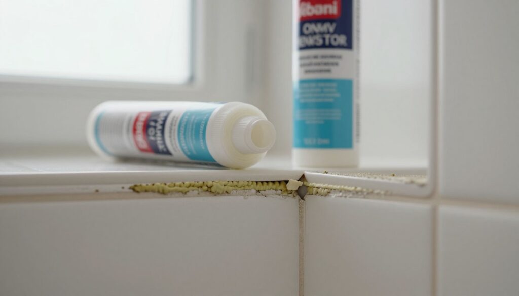 A close-up view of a bathroom scene focusing on common sealing mistakes within a shower enclosure. In the foreground, visible issues like poorly applied caulk, gaps between tiles, and moldy grout are highlighted. The middle ground features a partially open bottle of alternative sealing materials, such as foam or tape, demonstrating what can be used instead of silicone. In the background, soft natural light filters through a frosted glass window, creating a calm and clean atmosphere. The camera angle is slightly overhead, emphasizing the details of the sealing errors while maintaining a professional, informative tone. There are no people in the scene, ensuring focus remains on the sealing techniques and materials.