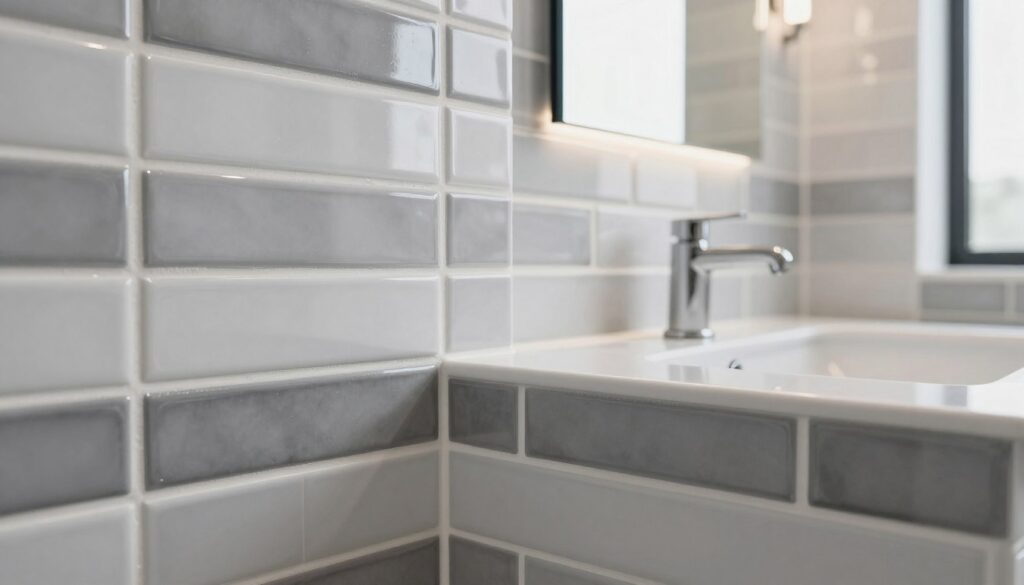 A close-up view of a beautifully grouted bathroom wall featuring epoxy grout, showcasing its sleek, glossy finish in various shades of gray and white. The foreground highlights the intricate texture of the epoxy grout lines, emphasizing their water resistance and stain-repellent properties. In the middle, a well-designed modern bathroom context is visible, with stylish tiles and a sleek sink, under bright, soft lighting that enhances the grout's sheen. The background shows a hint of a contemporary shower area, complete with elegant fixtures. The overall atmosphere is clean, sophisticated, and inviting, capturing the essence of durability and elegance in bathroom design. A close-up view of a beautifully grouted bathroom wall featuring epoxy grout, showcasing its sleek, glossy finish in various shades of gray and white. The foreground highlights the intricate texture of the epoxy grout lines, emphasizing their water resistance and stain-repellent properties. In the middle, a well-designed modern bathroom context is visible, with stylish tiles and a sleek sink, under bright, soft lighting that enhances the grout's sheen. The background shows a hint of a contemporary shower area, complete with elegant fixtures. The overall atmosphere is clean, sophisticated, and inviting, capturing the essence of durability and elegance in bathroom design.