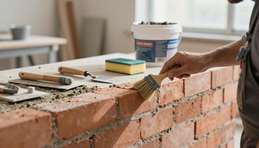 A close-up view of a brick wall, focusing on the surface preparation for grouting. The foreground illustrates a professional in modest work clothing, inspecting the bricks for cracks and debris, using a small brush to clean the area. In the middle, various tools are arranged neatly, including a grout float, trowel, and sponge, along with a bucket of grout mixture, emphasizing a meticulous work environment. The background shows a well-lit workshop with natural light illuminating the wall, casting soft shadows for a warm atmosphere. The mood is focused and professional, capturing the essence of careful evaluation and preparation for the grouting process. A close-up view of a brick wall, focusing on the surface preparation for grouting. The foreground illustrates a professional in modest work clothing, inspecting the bricks for cracks and debris, using a small brush to clean the area. In the middle, various tools are arranged neatly, including a grout float, trowel, and sponge, along with a bucket of grout mixture, emphasizing a meticulous work environment. The background shows a well-lit workshop with natural light illuminating the wall, casting soft shadows for a warm atmosphere. The mood is focused and professional, capturing the essence of careful evaluation and preparation for the grouting process.