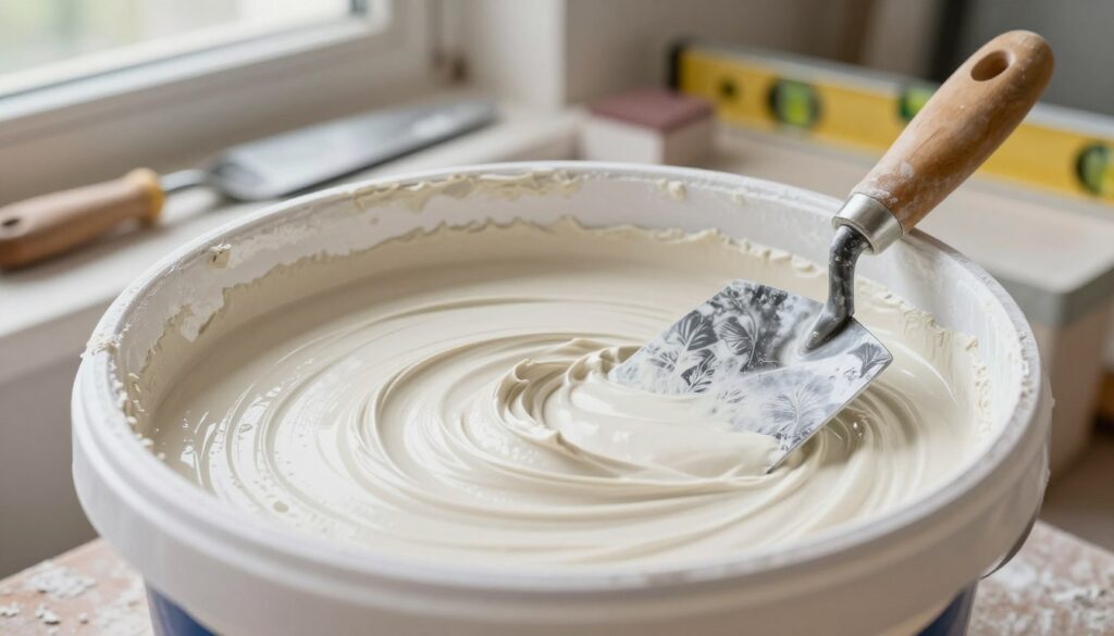 A close-up view of a bucket of smooth finishing plaster (masa do gładzi) with a trowel resting beside it, set on a workbench covered in minimal dust. The plaster appears creamy and well-mixed, reflecting soft, diffused daylight coming from a nearby window. In the background, tools like a putty knife, a sanding block, and a level are neatly arranged, emphasizing an organized workspace. The atmosphere is calm and focused, showcasing a sense of professionalism in home renovation. The image is shot at a slight angle using a macro lens, highlighting the texture of the plaster while creating a depth of field that softly blurs the background tools. No human figures are present, ensuring a clean composition suitable for an instructional article on dust-free finishing techniques. A close-up view of a bucket of smooth finishing plaster (masa do gładzi) with a trowel resting beside it, set on a workbench covered in minimal dust. The plaster appears creamy and well-mixed, reflecting soft, diffused daylight coming from a nearby window. In the background, tools like a putty knife, a sanding block, and a level are neatly arranged, emphasizing an organized workspace. The atmosphere is calm and focused, showcasing a sense of professionalism in home renovation. The image is shot at a slight angle using a macro lens, highlighting the texture of the plaster while creating a depth of field that softly blurs the background tools. No human figures are present, ensuring a clean composition suitable for an instructional article on dust-free finishing techniques.