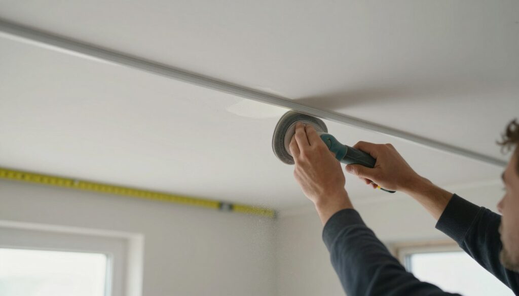 A close-up view of a clean ceiling surface being prepared for LED tape installation. In the foreground, a person in smart, casual clothing is gently sanding the ceiling with a hand sander, creating fine dust particles that catch the light. The middle layer shows the smoothened, dust-free ceiling ready for adhesive application, with a measuring tape laid out for accuracy. The background captures a bright, airy room with soft natural light filtering through a window, highlighting a level and straight line marked on the ceiling for alignment. The overall atmosphere is calm and focused, emphasizing precision and professionalism in the preparation process for mounting LED strips. A close-up view of a clean ceiling surface being prepared for LED tape installation. In the foreground, a person in smart, casual clothing is gently sanding the ceiling with a hand sander, creating fine dust particles that catch the light. The middle layer shows the smoothened, dust-free ceiling ready for adhesive application, with a measuring tape laid out for accuracy. The background captures a bright, airy room with soft natural light filtering through a window, highlighting a level and straight line marked on the ceiling for alignment. The overall atmosphere is calm and focused, emphasizing precision and professionalism in the preparation process for mounting LED strips.