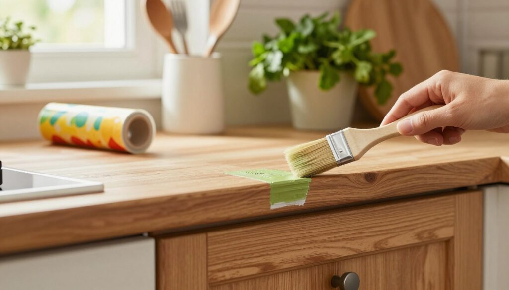 A close-up view of a kitchen cabinet with a beautifully restored wooden veneer surface, showcasing a few clever tricks to cover minor damages. The foreground features a hands-on approach with a brush lightly applying paint to the edges and a roll of decorative adhesive film in vibrant colors. In the middle, display an inviting and well-organized kitchen setting, with stylish kitchen tools and fresh herbs on a shelf, capturing a sense of freshness and revitalization. The background reveals a soft, warm light filtering in through a window, creating a cheerful and uplifting atmosphere. Use a shallow depth of field to emphasize the cabinet details, with softly blurred kitchen elements enhancing the cozy, refreshed kitchen environment.